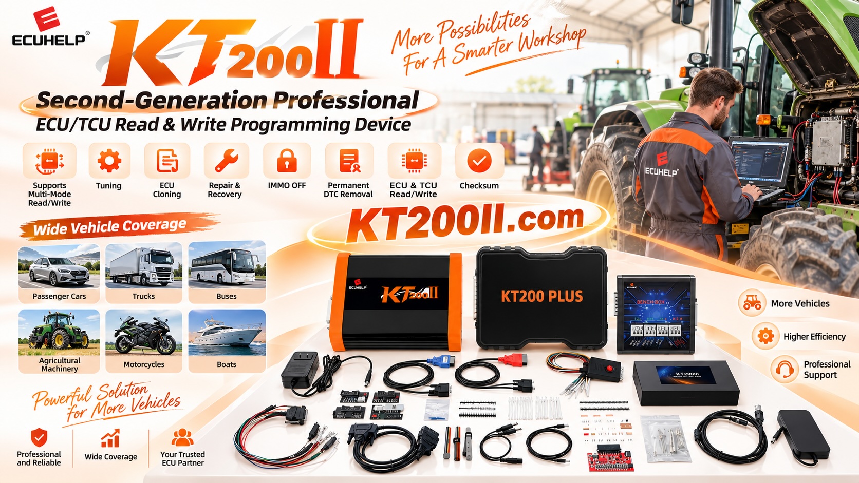 Technician monitoring ECU programming laptop and power supply temperature in a ventilated automotive electronics workshop