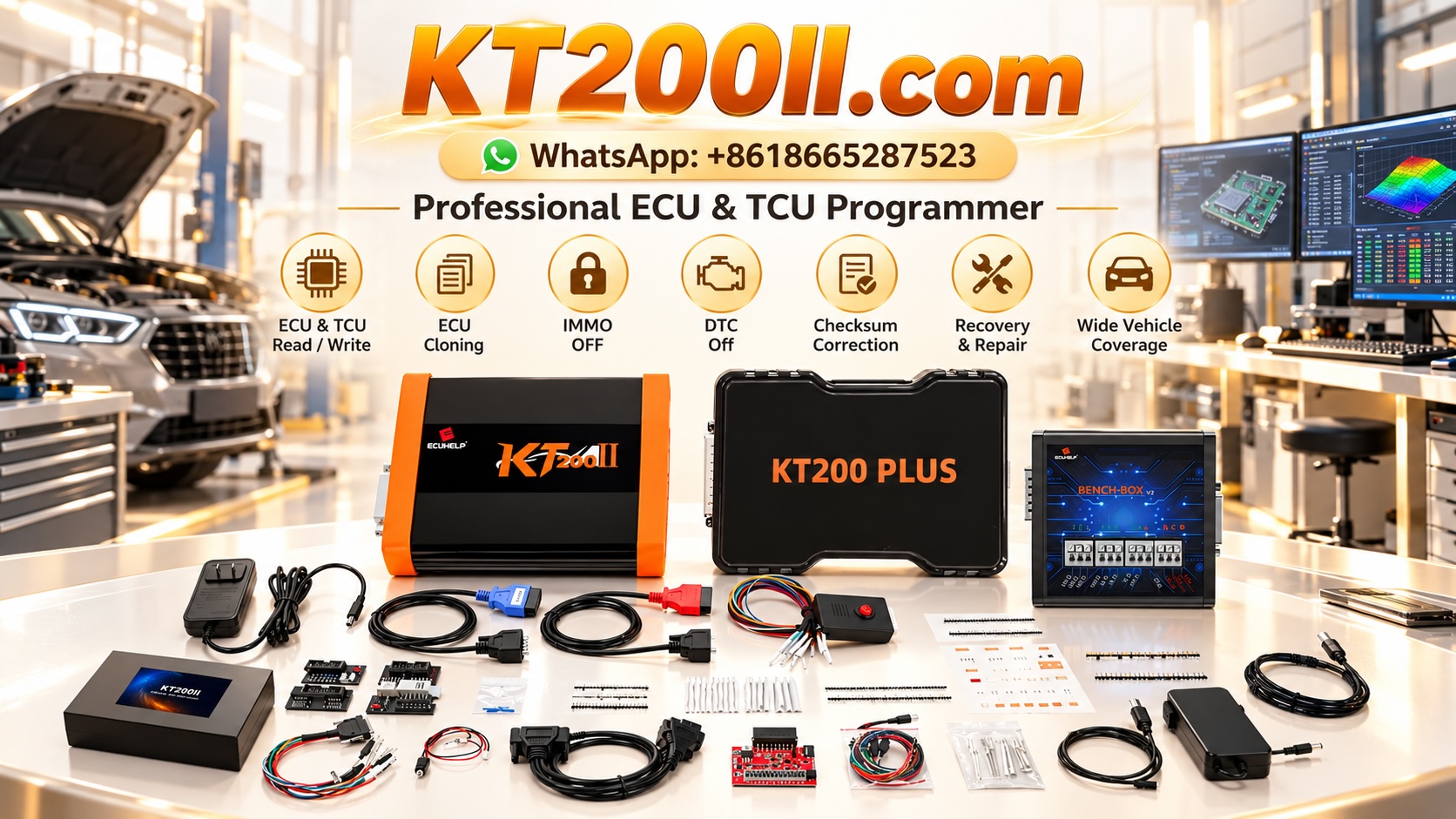Automotive ECU CAN bus communication testing with a digital oscilloscope and diagnostic equipment on a professional workbench