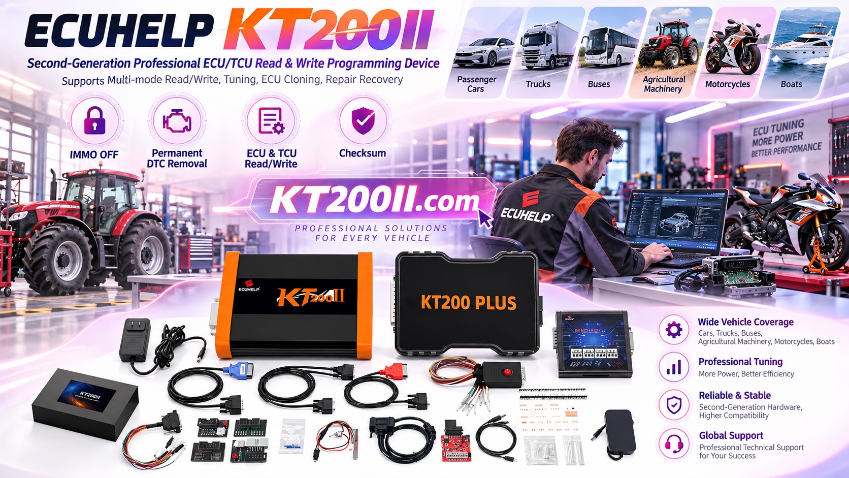 Automotive ECU ground connection testing on a professional programming bench using a digital multimeter to inspect electrical connections before ECU read and write operations