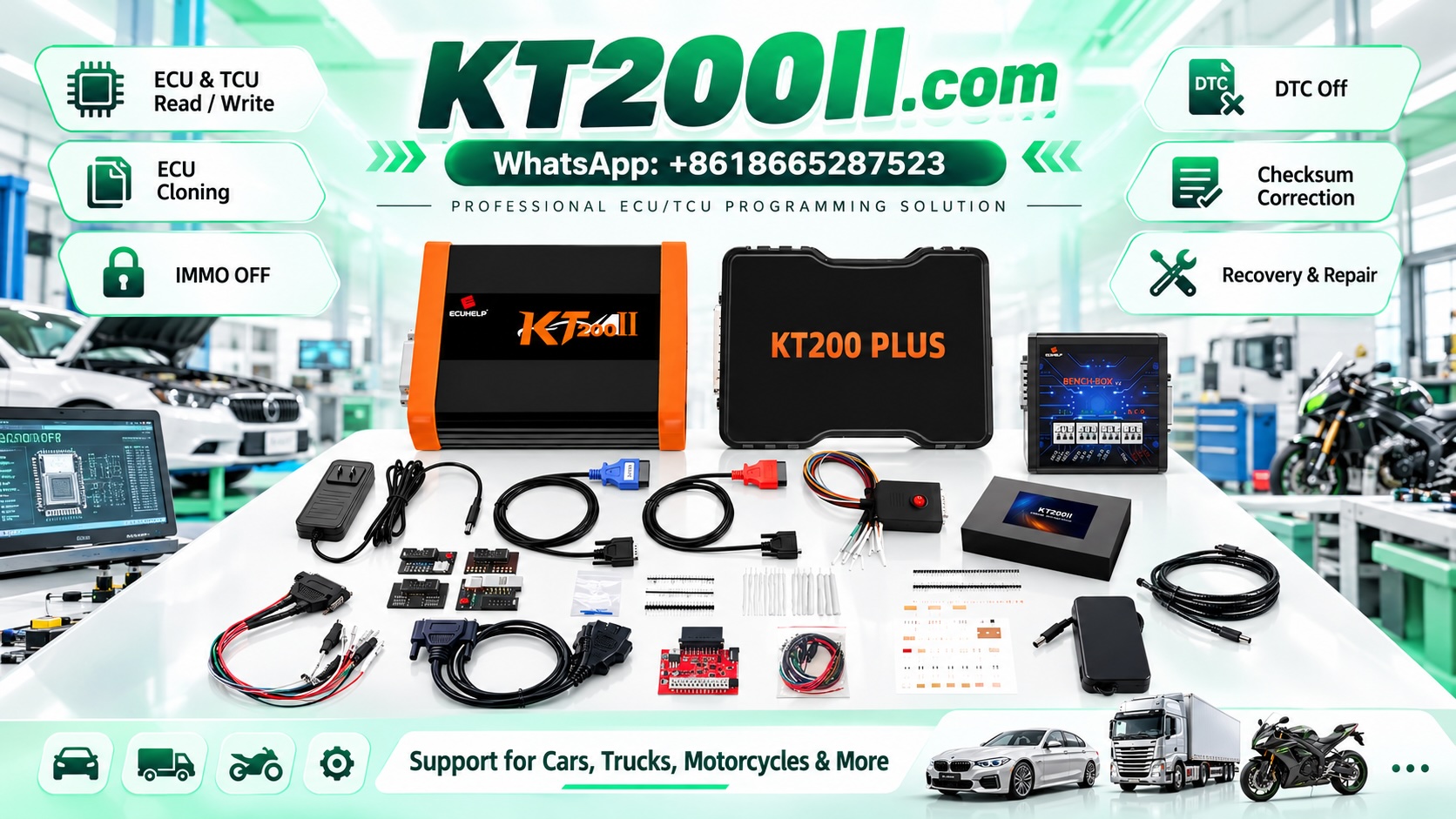Automotive ECU programming bench power supply with digital voltage and current displays connected to an electronic control unit on a professional workbench