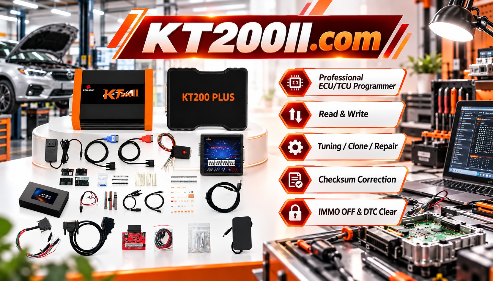 Automotive ECU circuit board handled on an ESD-safe workbench with an anti-static wrist strap, grounding mat and professional chip programming equipment