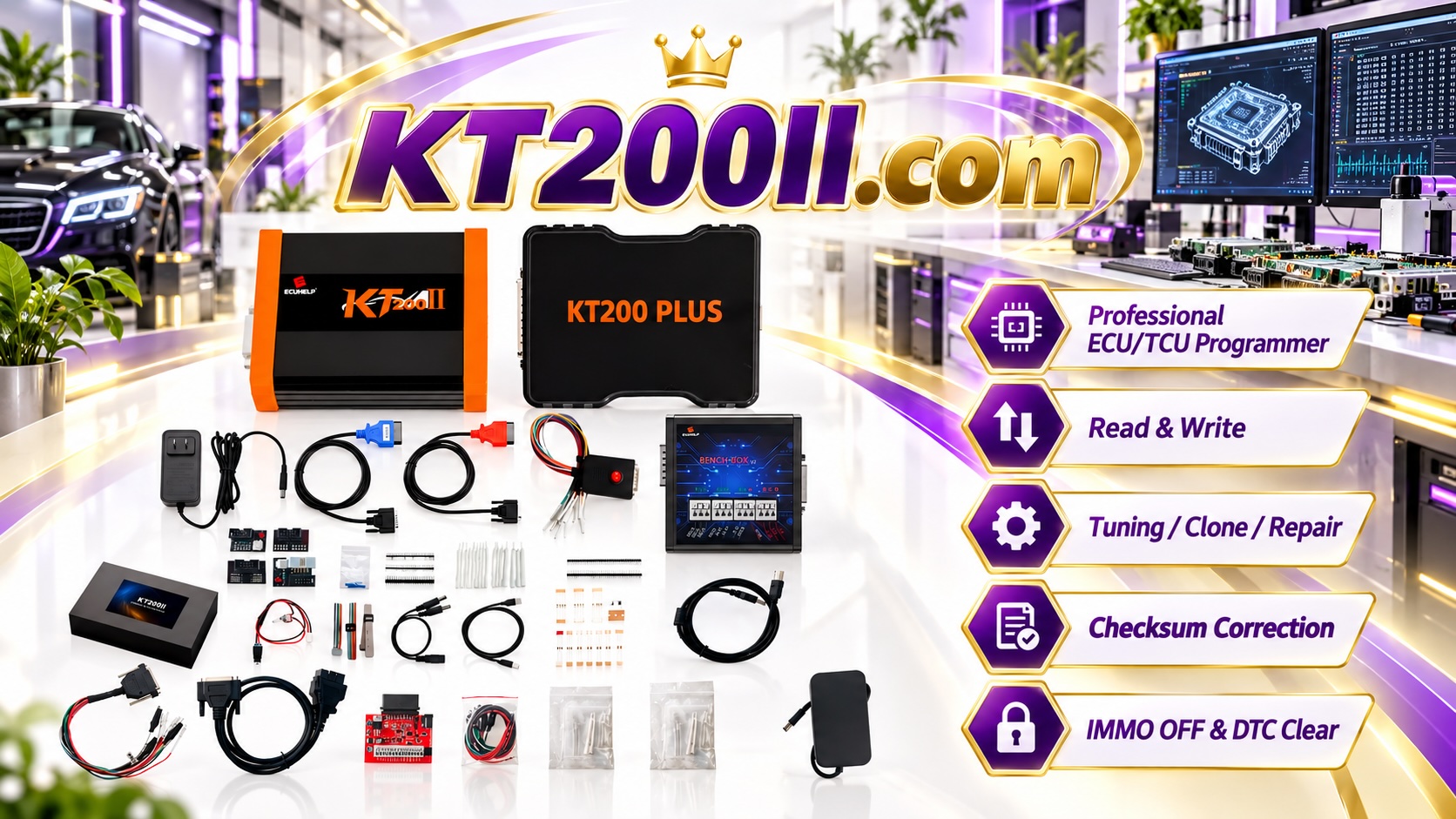 KT200II ECU programmer operation modes including OBD Bench Boot and JTAG programming