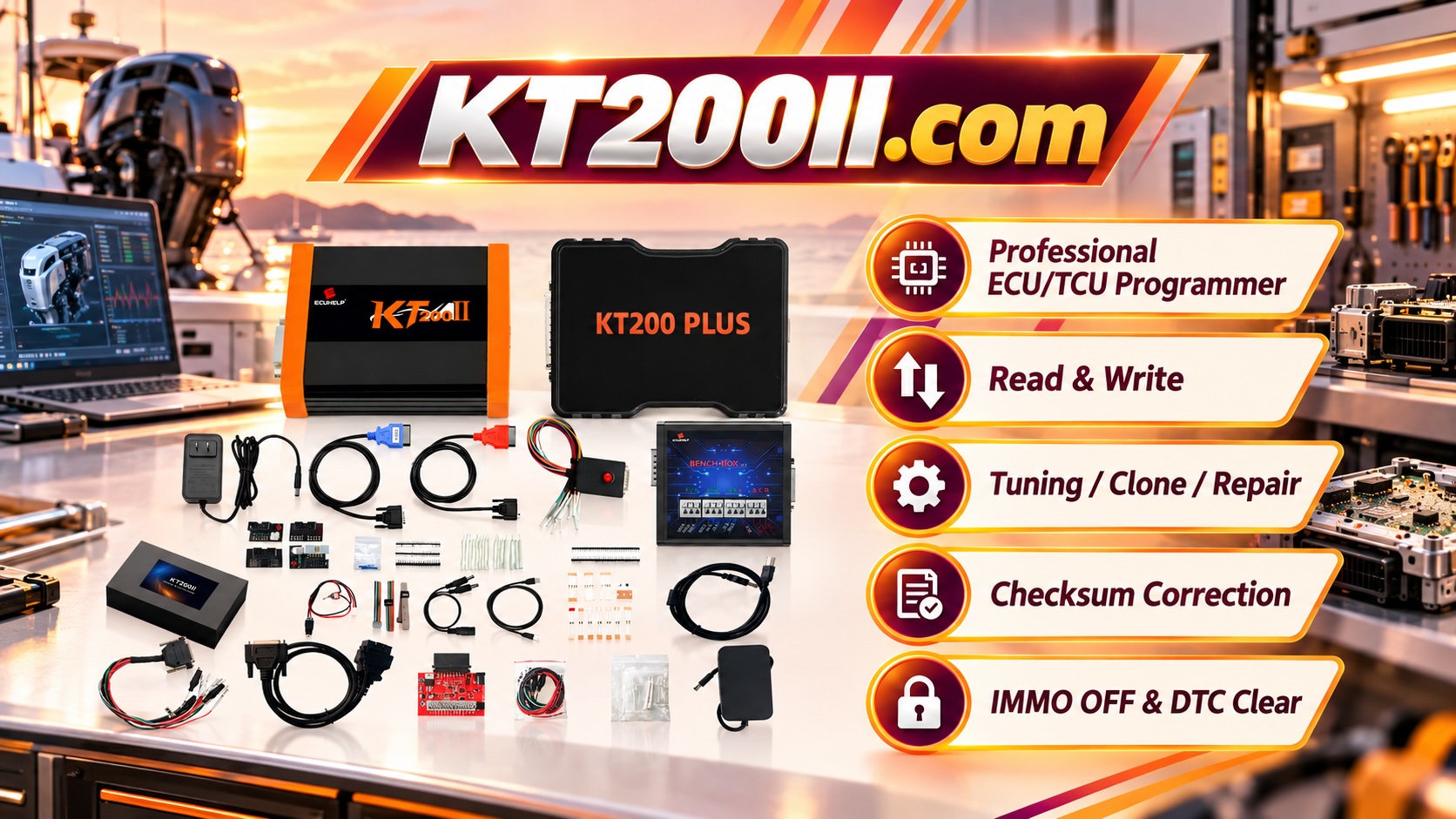 KT200II ECU programmer for professional automotive ECU and TCU programming workflow